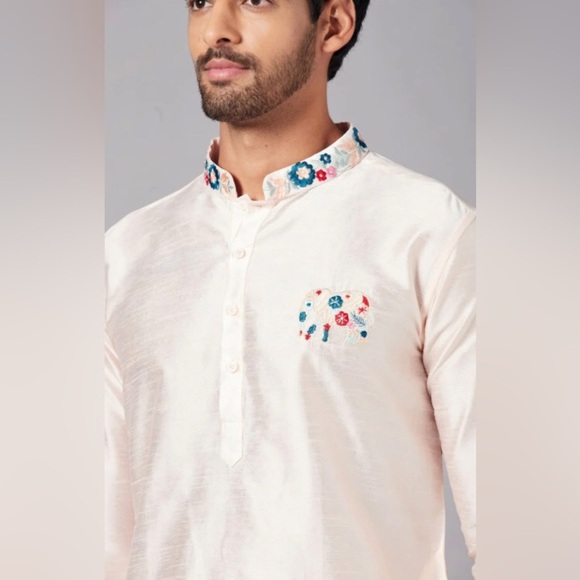 Hilo Design Men’s Embroidered Kurta | Pale Peach with Elephant Embroidery - Picture 2 of 16